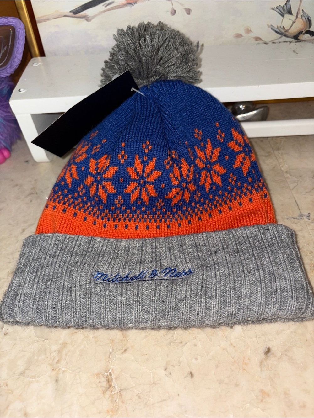 Mitchell & Ness Blue, Orange & Gray Kids Pom Pom Beanie